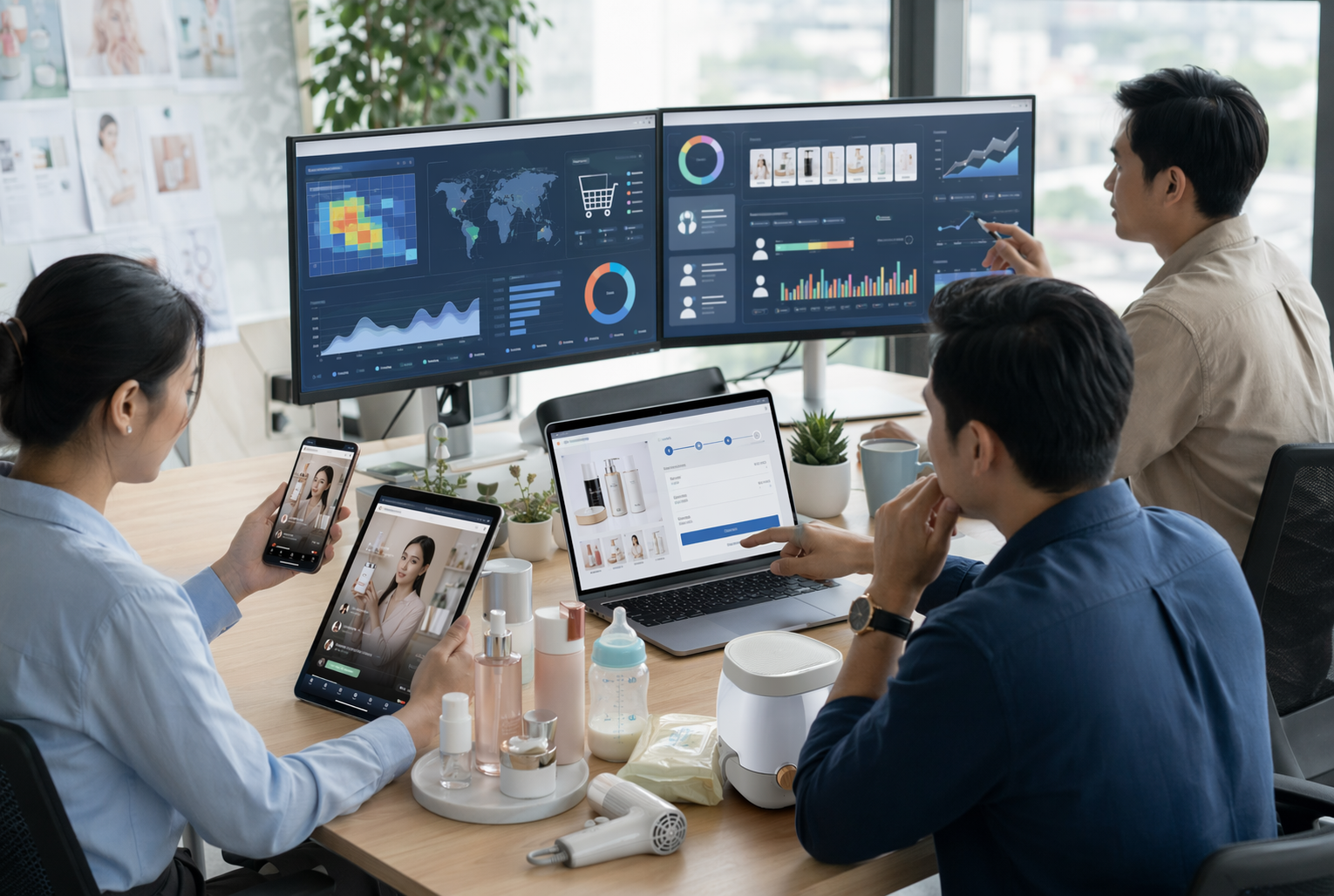 Nhân viên kiểm tra đơn hàng và dashboard quảng cáo trong văn phòng sáng