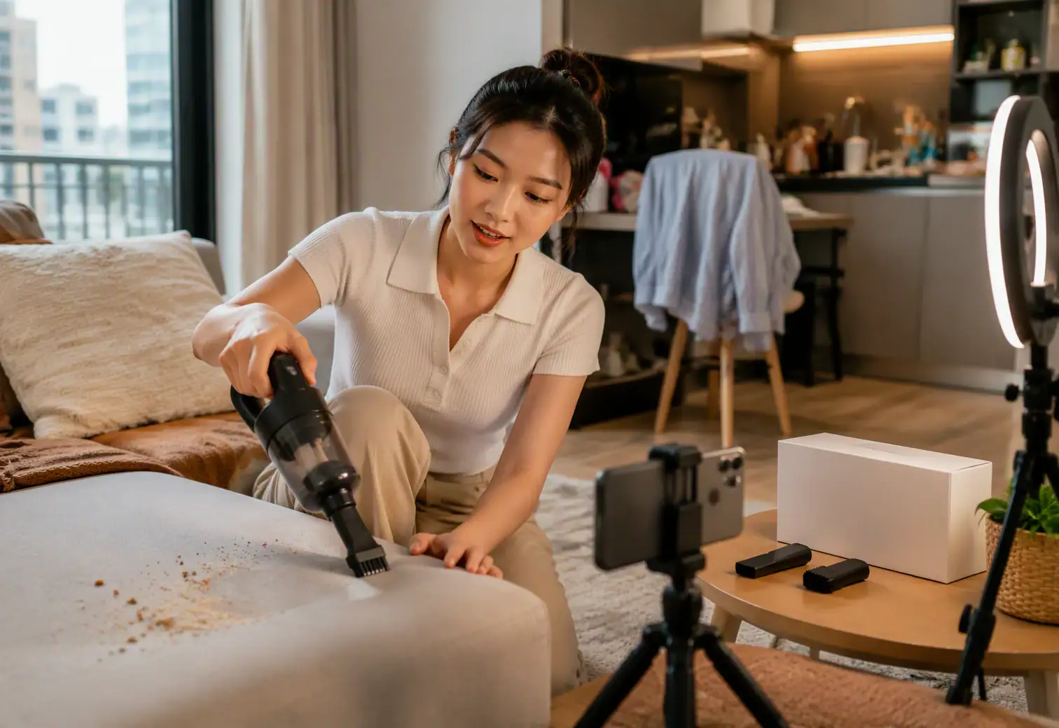 KOC trình bày sản phẩm hút bụi mini trong không gian sống thực tế