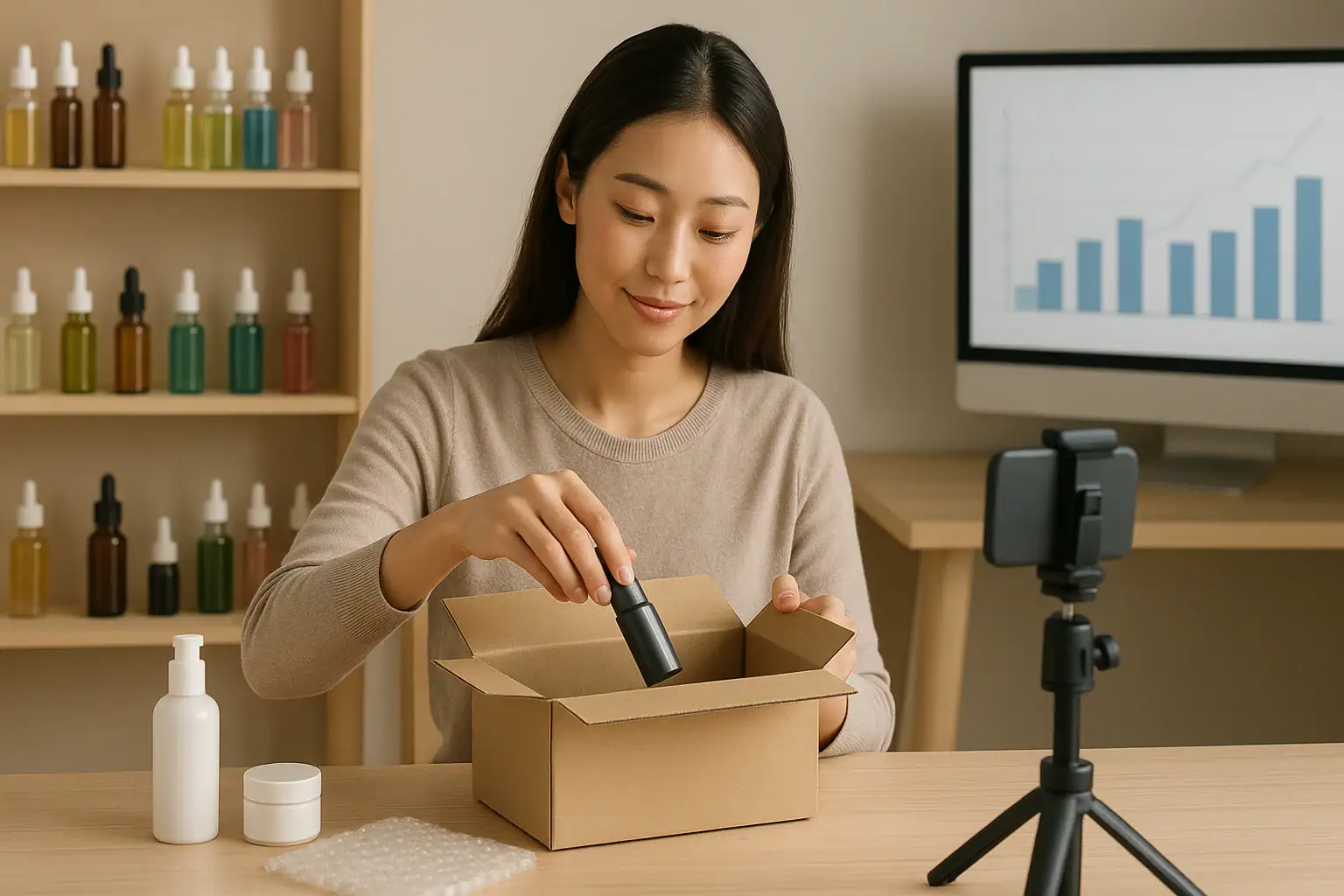 TikTok Shop 세럼 주문을 포장하는 뷰티 블로거